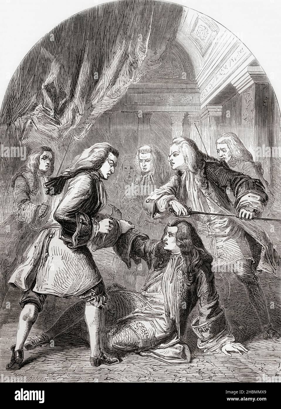 La tentative d'assassinat de Robert Harley avec le Bandbox Plot, il a reçu un chapeau-boîte contenant des pistolets chargés d'être déclenché par un fil.Robert Harley, 1st Earl of Oxford et Earl Mortimer, 1661 – 1724.Anglais et plus tard homme d'État britannique.De Cassell's Illustrated History of England, publié vers 1890. Banque D'Images