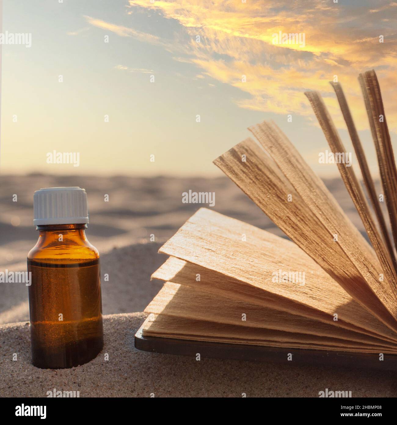 Ouvrez un vieux livre avec des coquillages sur le sable. Banque D'Images