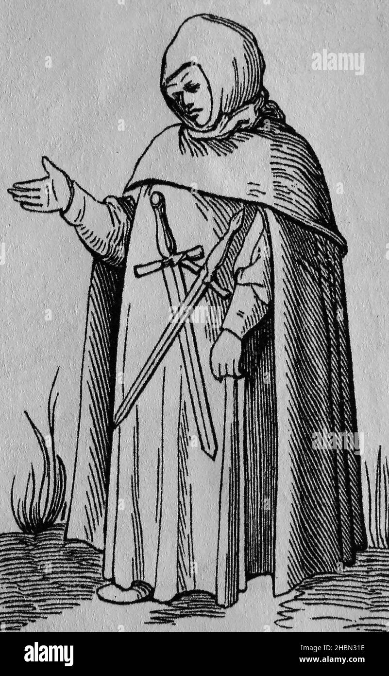 Une figure masculine portant un auvent à capuchon avec des épées croisées.Edition latine de Sebastian Münster, 'Cosmographia', Bâle, C.1544-52. Banque D'Images