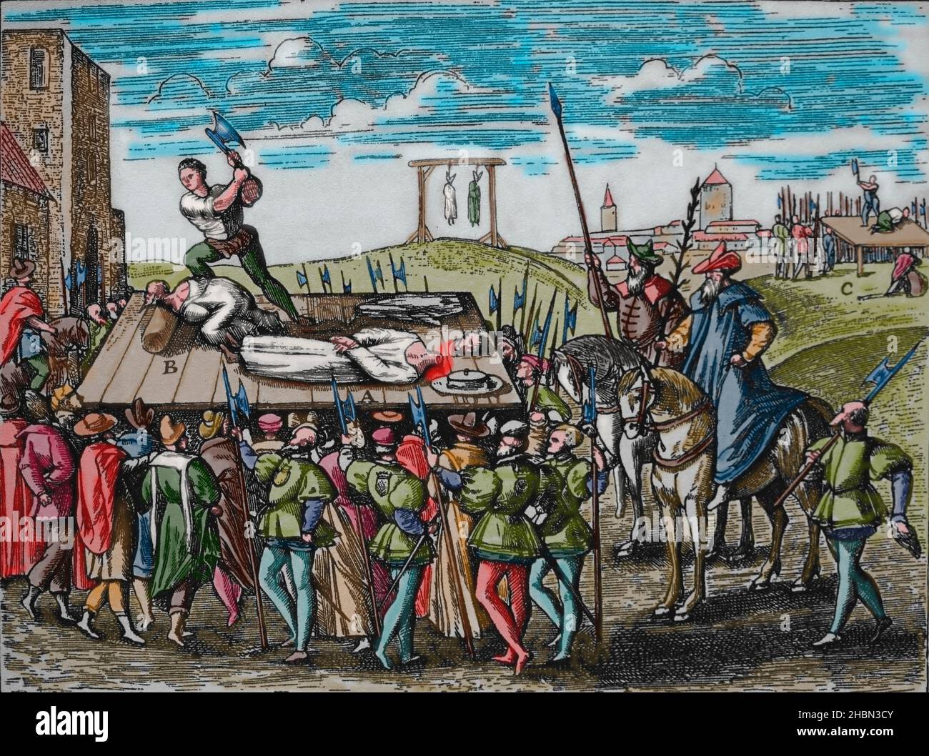 Châtiments décrétés par Henri VIII contre les catholiques.A : Bishiop Fisher, 17 juin 1535.B: Thomas More, 9 juillet 1535.C: Comtesse de Salisbury.De Banque D'Images
