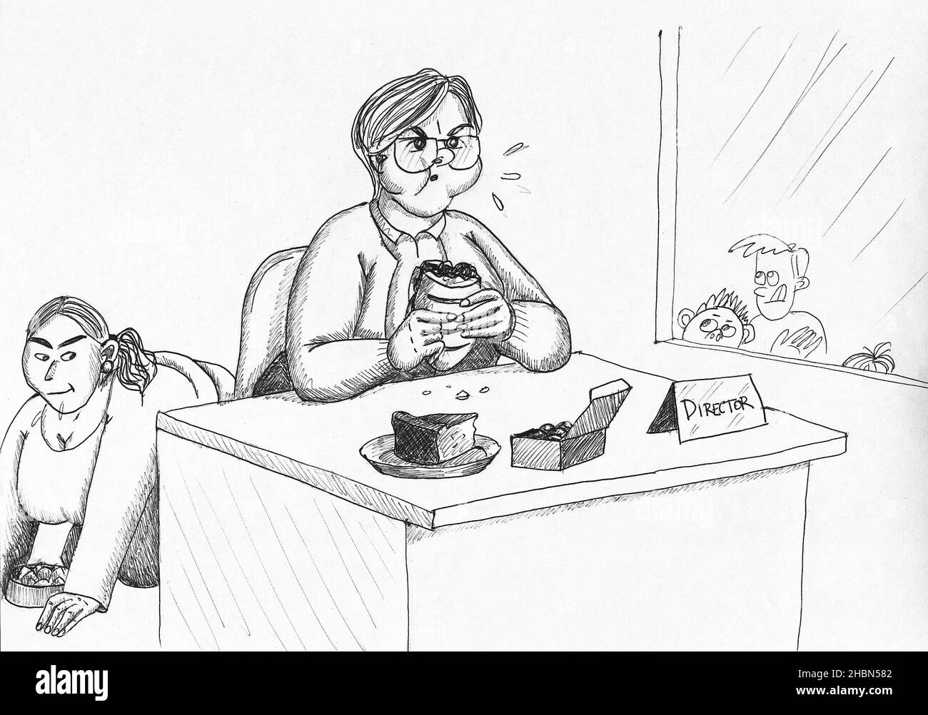Directeur mangeant un sandwich dans son bureau.Illustration. Banque D'Images