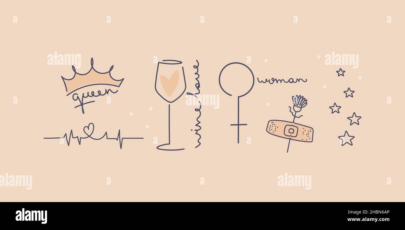 Ensemble de tatouages minimalistes à motif féminin.Verre de vin, signe