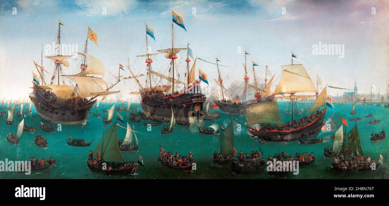 Le retour à Amsterdam de la deuxième expédition aux Indes orientales par Hendrik Cornelisz Vroom (c.1562-1640), huile sur toile, 1599.Sous le commandement de Jacob Cornelisz van Neck, huit navires néerlandais embarqueront pour les Indes en 1598.Les quatre premiers sont revenus de Bantam (Java) un an plus tard, le 19 juillet 1599.Les autres navires avaient navigué jusqu'aux Moluques (îles de Maluku).Ils rentrèrent aussi en sécurité et en bonne santé, chargés de muscade, de mace et de clous de girofle. Banque D'Images