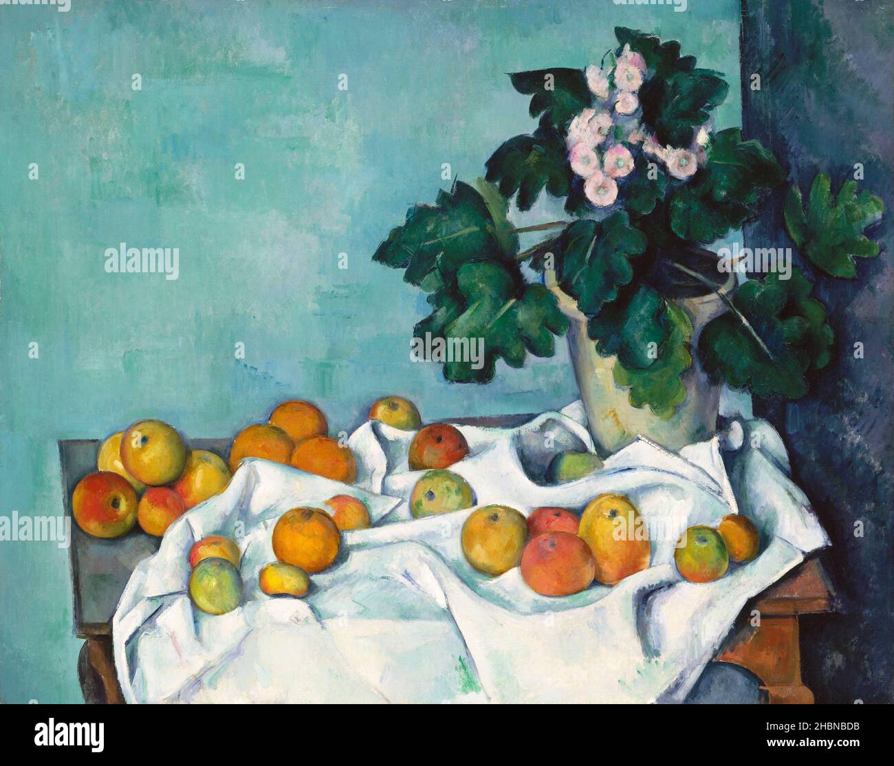 Encore la vie avec des pommes et un pot de Primroses (ca.1890) par Paul Cézanne. Banque D'Images