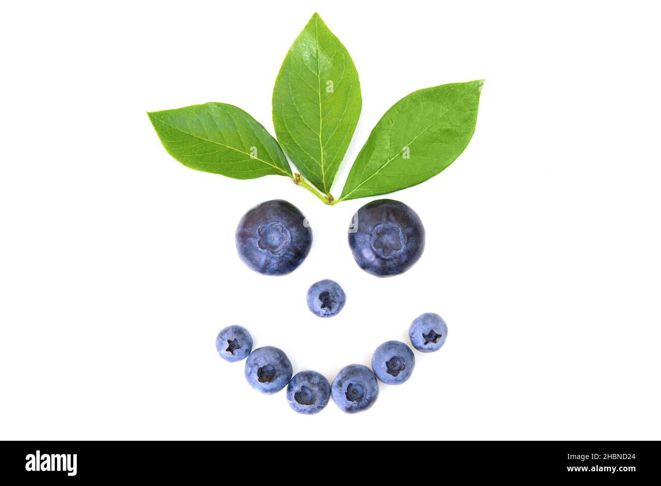 Visage souriant composé de myrtilles fraîches mûres et de feuilles vertes sur fond blanc.Concept de soin organique créatif de la peau. Banque D'Images