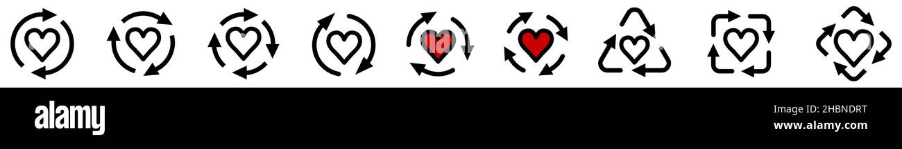 Icône en forme de coeur dans les flèches formant un cycle, version à deux trois et quatre flèches Illustration de Vecteur
