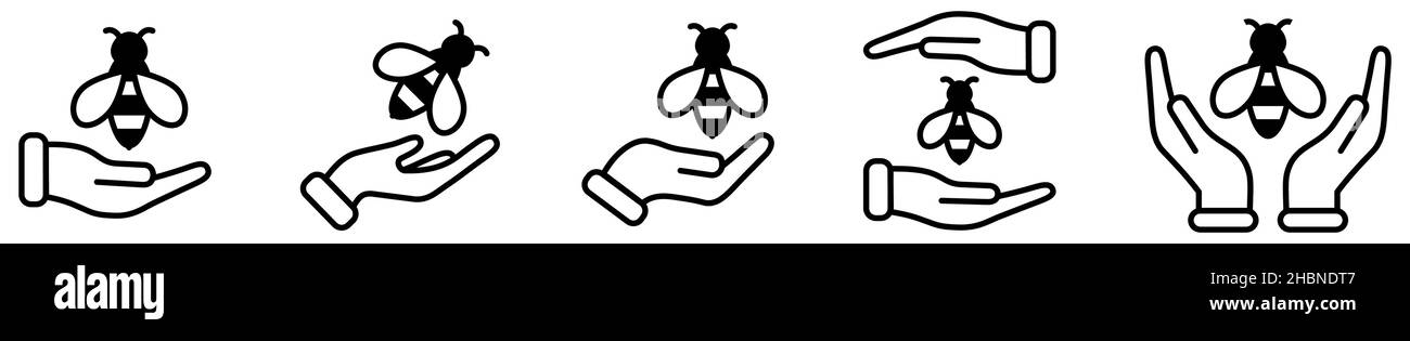 Icône abeille au-dessus et entre les mains - panneau protéger les abeilles Illustration de Vecteur