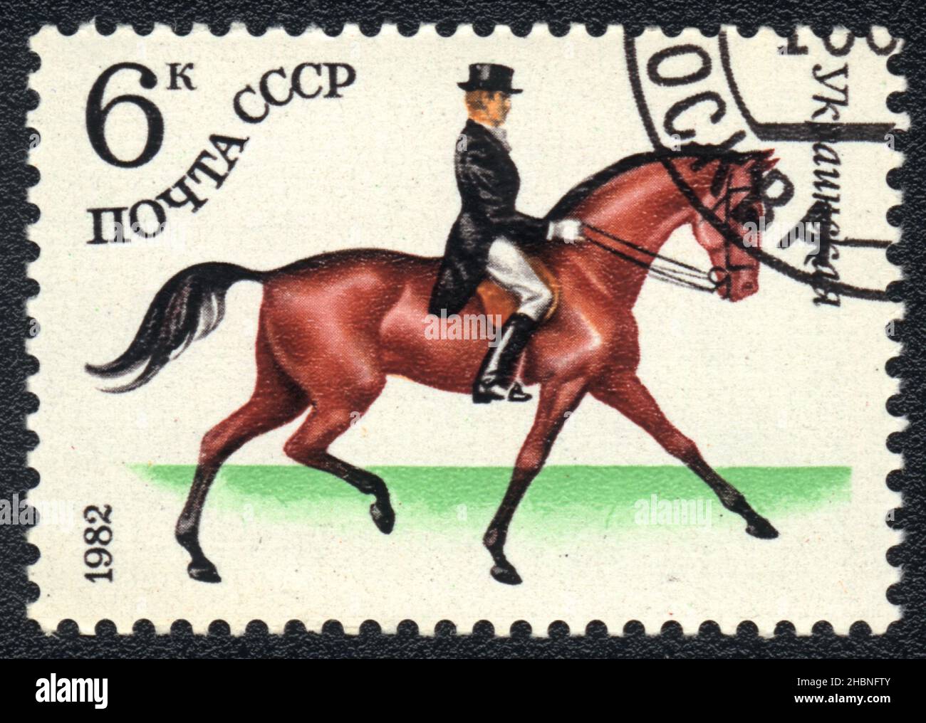 Un timbre imprimé en URSS montre un cheval de sport ukrainien pour dressage, série de race dans un sport équestre, URSS, 1982 Banque D'Images