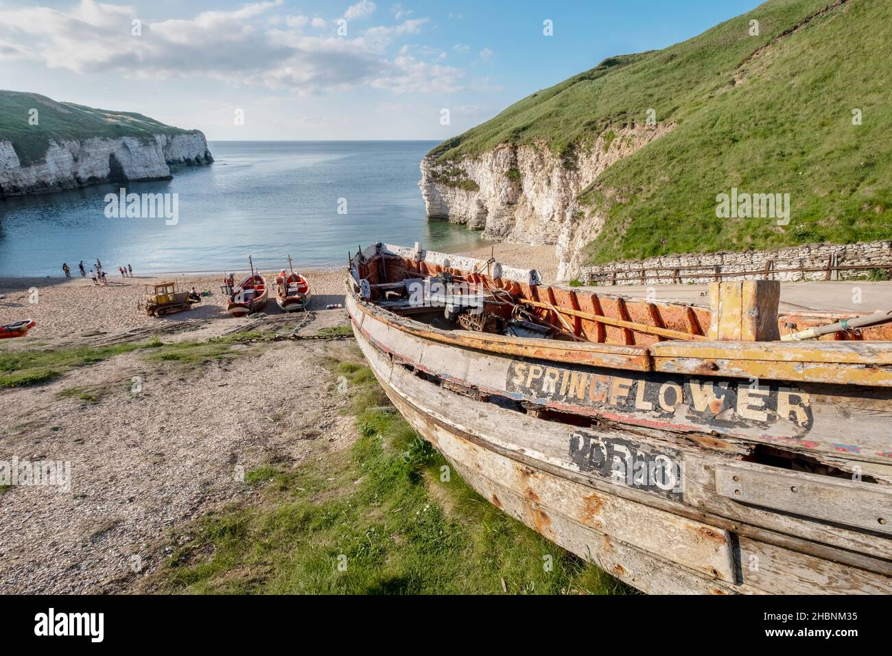 Old boat Spring Flowers à North Landing Bay , Flamborough Head, East Riding of Yorskhire UK Banque D'Images