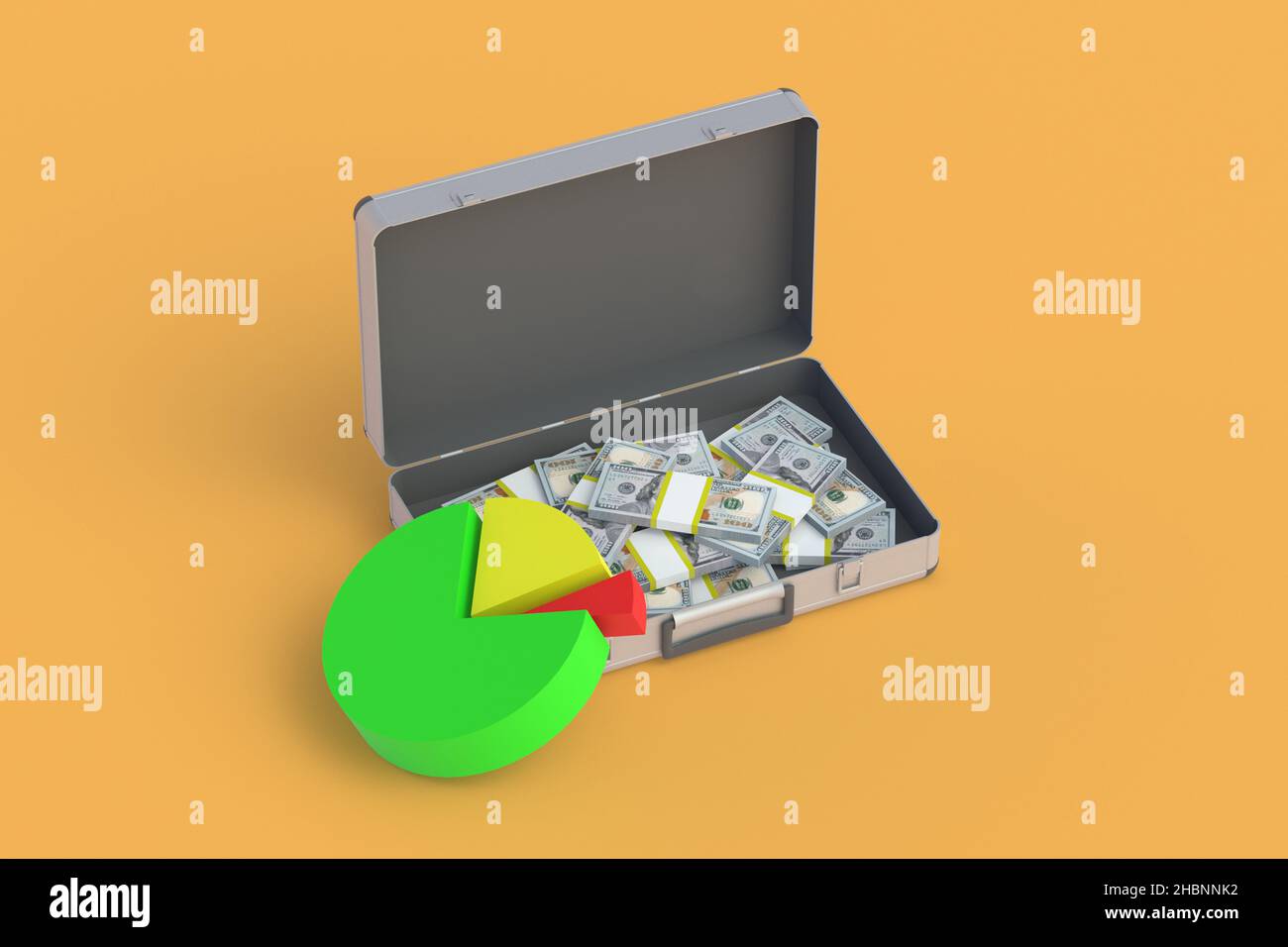 Valise remplie de billets près du graphique à secteurs.Comptabilité financière.Statistiques sur les revenus de placement, démarrage.Le résultat de l'entreprise.Analyse de lo Banque D'Images