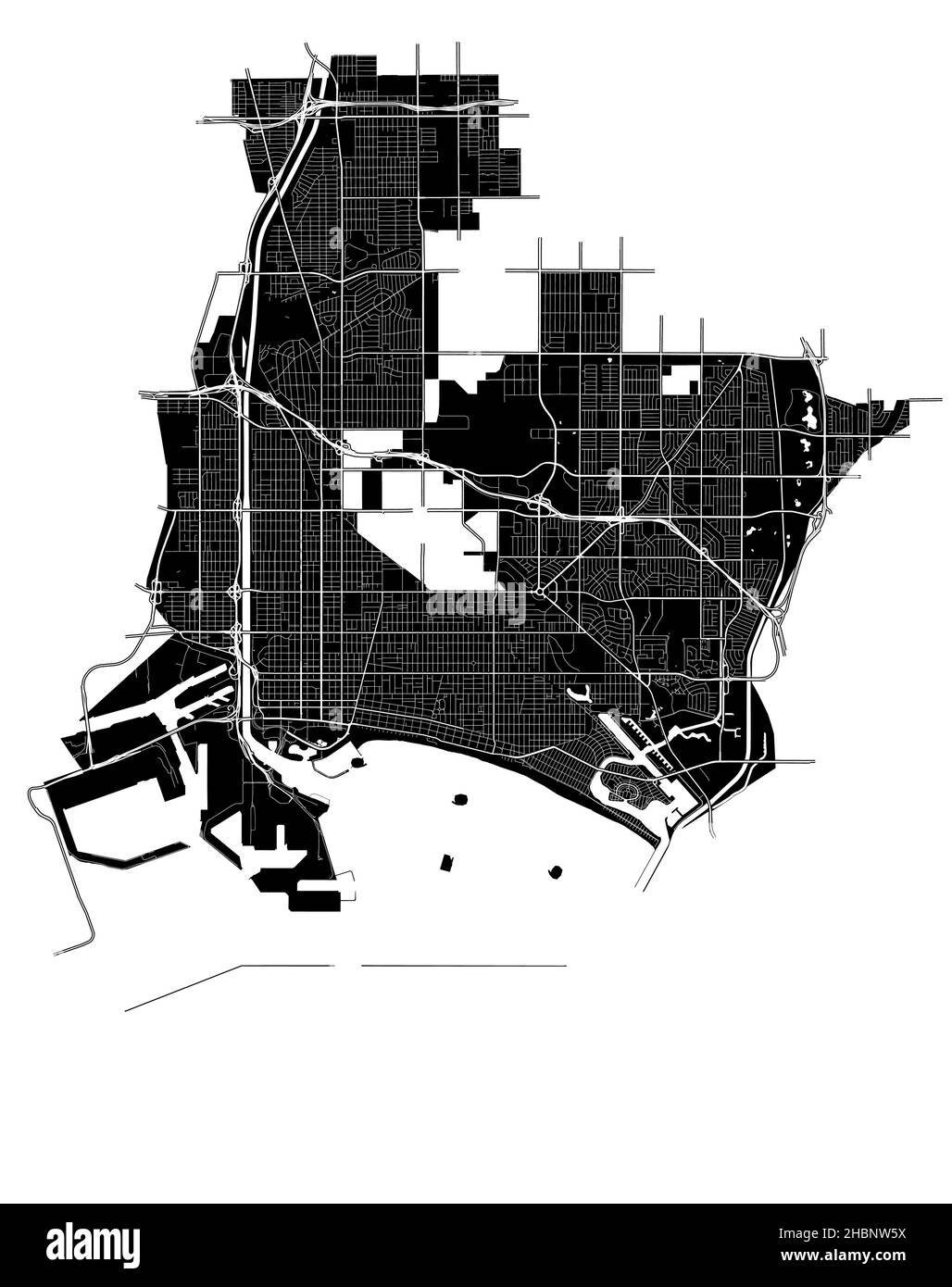 Long Beach, Californie, États-Unis, carte vectorielle haute résolution avec limites de ville et chemins modifiables.Le plan de la ville a été dessiné avec des zones blanches et un Illustration de Vecteur