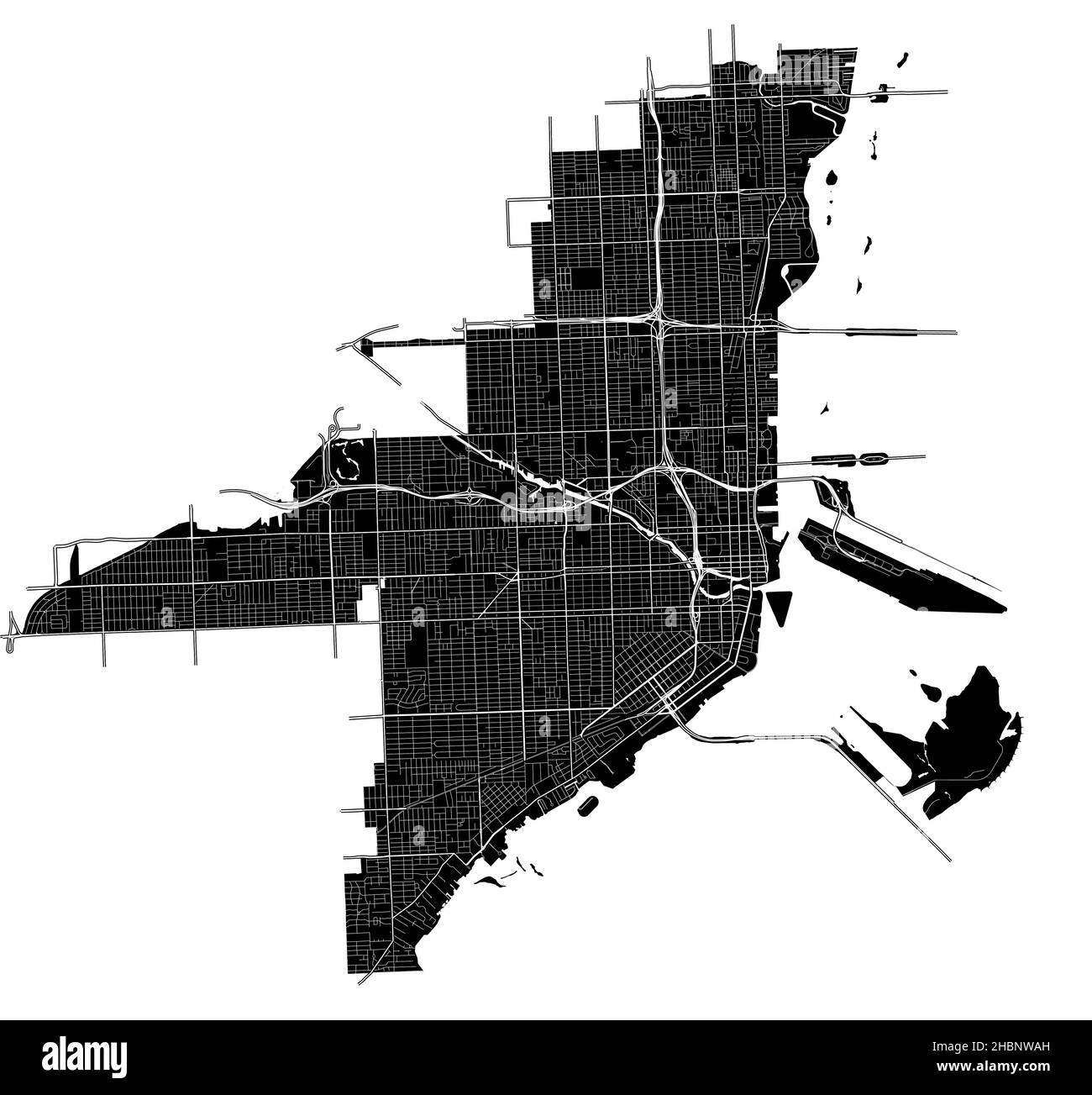 Miami, Floride, États-Unis, carte vectorielle haute résolution avec limites de ville et chemins modifiables.Le plan de la ville a été dessiné avec des zones et des lignes blanches Illustration de Vecteur