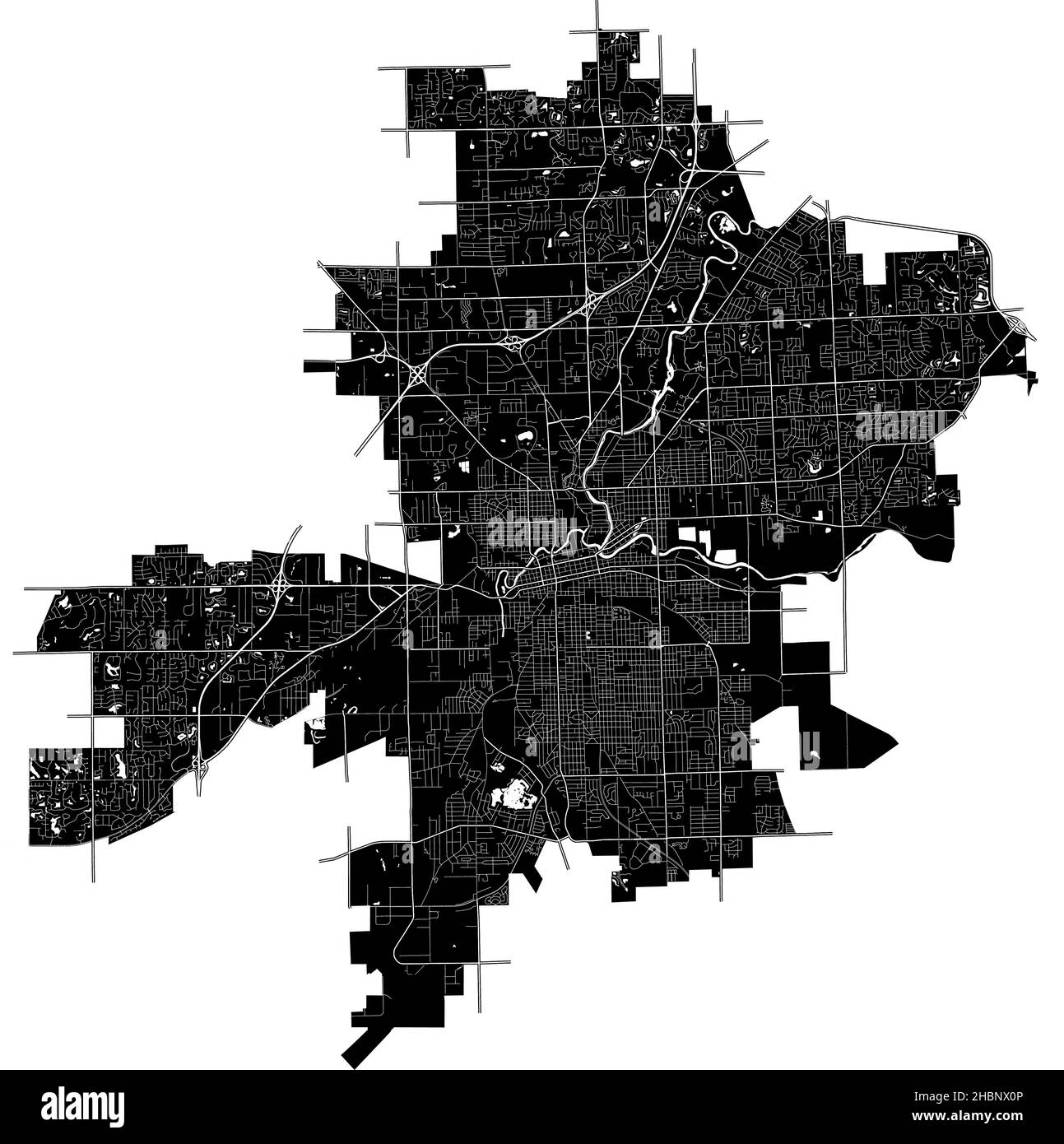 Fort Wayne, Indiana, États-Unis, carte vectorielle haute résolution avec limites de ville et chemins modifiables.Le plan de la ville a été dessiné avec des zones blanches et l Illustration de Vecteur