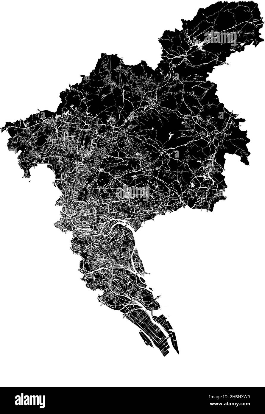 Guangzhou, Chine, carte vectorielle haute résolution avec frontières de la ville et chemins modifiables.La carte de la ville a été tracée avec des zones blanches et des lignes pour la route principale Illustration de Vecteur