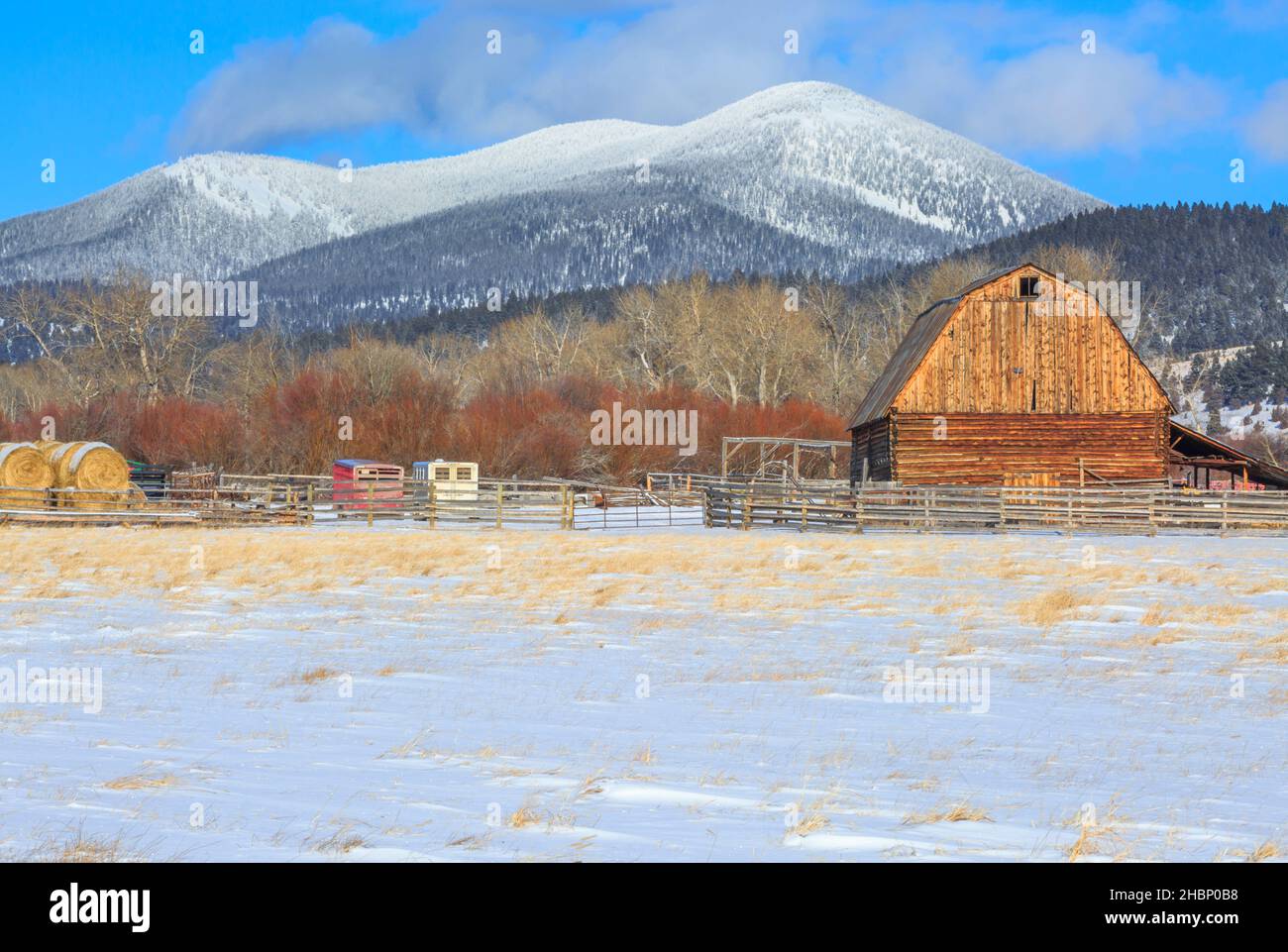 ancienne grange en bois au-dessous de la montagne noire sur la ligne de partage continentale en hiver près d'avon, montana Banque D'Images