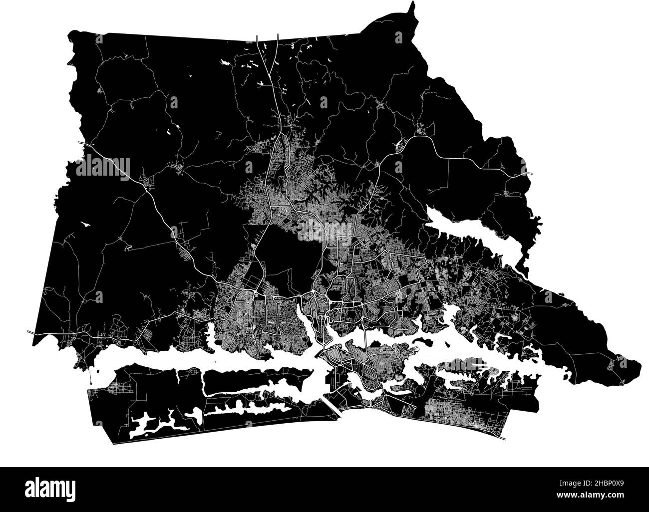 Abidjan, Côte d'Ivoire, carte vectorielle haute résolution avec frontières de la ville et chemins modifiables.Le plan de la ville a été dessiné avec des zones blanches et des lignes pour principal Illustration de Vecteur