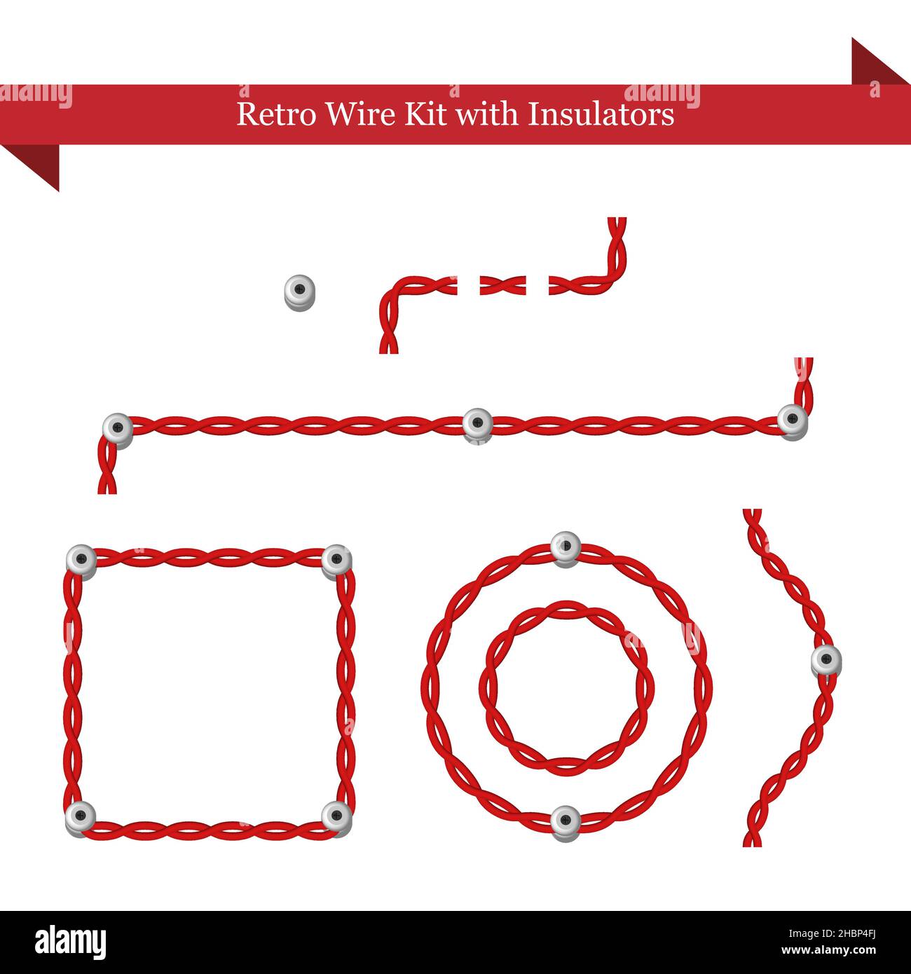 Kit de câblage rétro, câble torsadé ou rouge avec isolants en céramique, illustration vectorielle Illustration de Vecteur