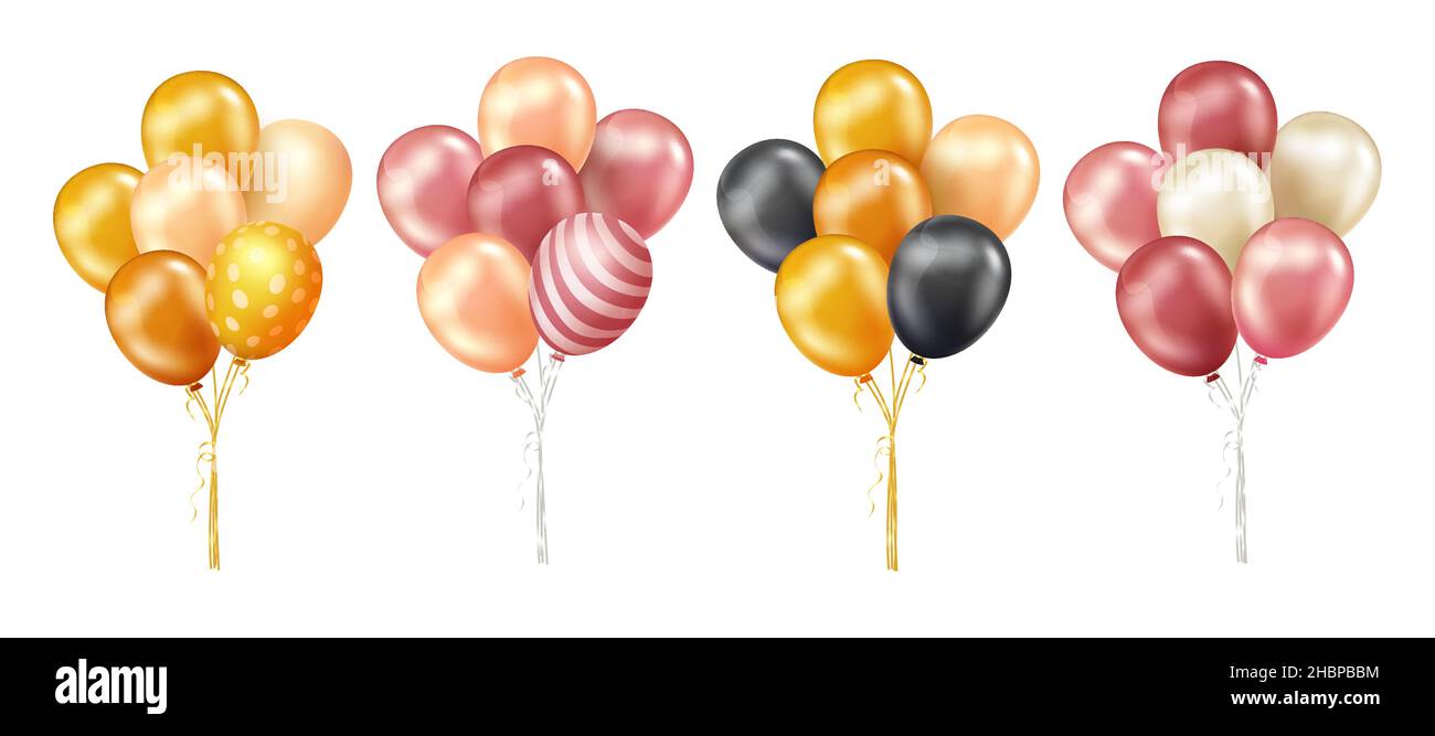 Ensemble de vecteurs de bouquet de ballons d'anniversaire.Ballons flottants dans des couleurs or et or rose avec des cordes et des motifs isolés dans fond blanc pour le jour de naissance. Illustration de Vecteur
