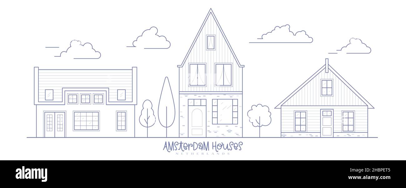 Maisons de quartier d'Europe.Pays-Bas avec des maisons confortables.Façades de bâtiments traditionnels anciens aux pays-Bas.Illustration vectorielle. Illustration de Vecteur