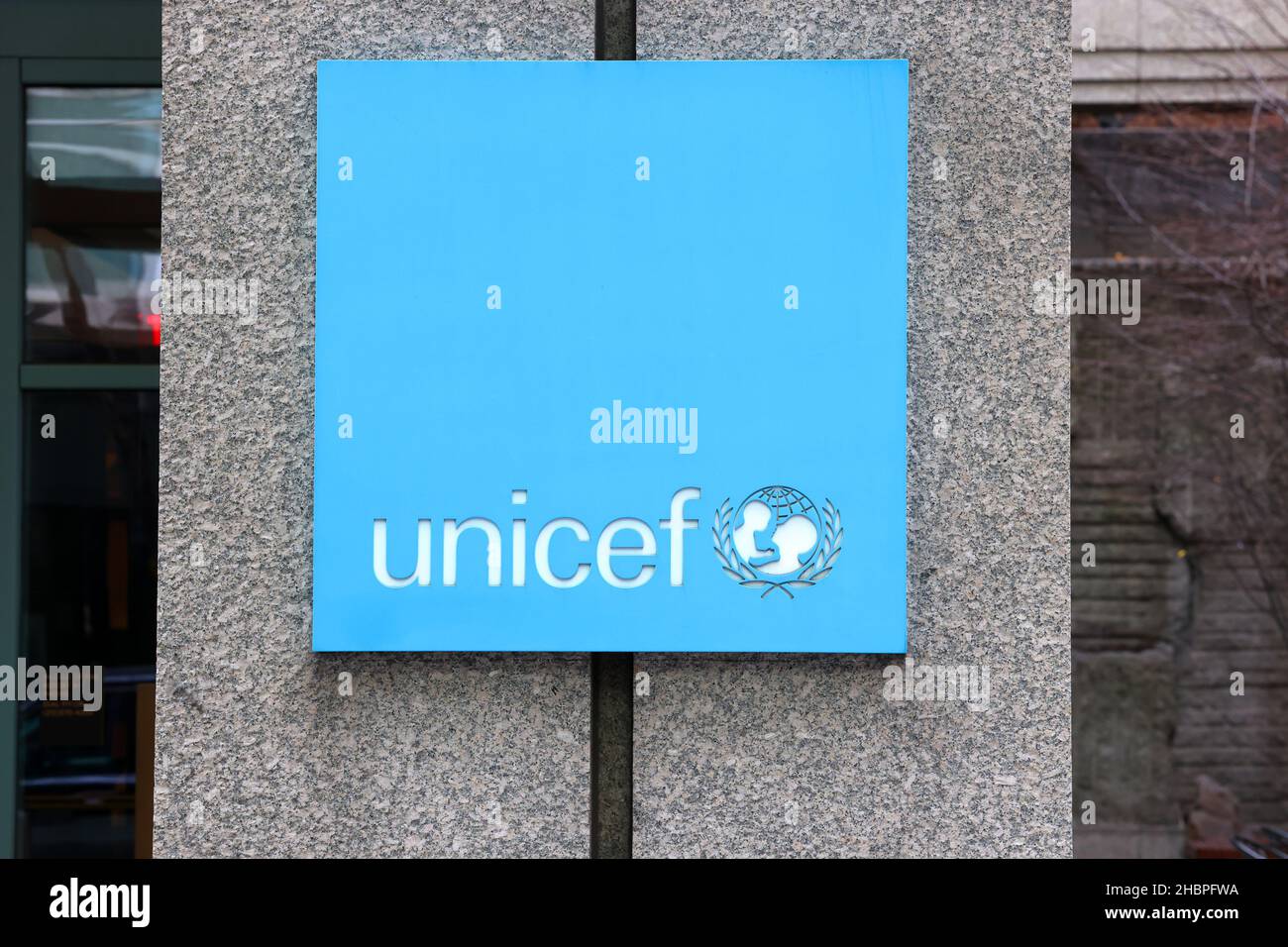 UNICEF, Fonds des Nations Unies pour l'enfance, anciennement Fonds des Nations Unies pour l'enfance, signalisation dans leurs bureaux de New York. Banque D'Images