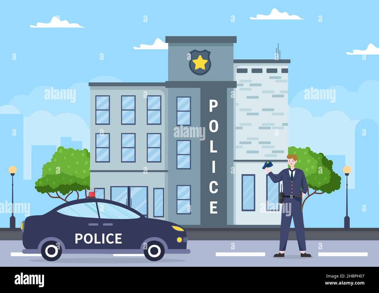 Bâtiment du service de poste de police avec policier et voiture de police dans le style plat Illustration du contexte Illustration de Vecteur