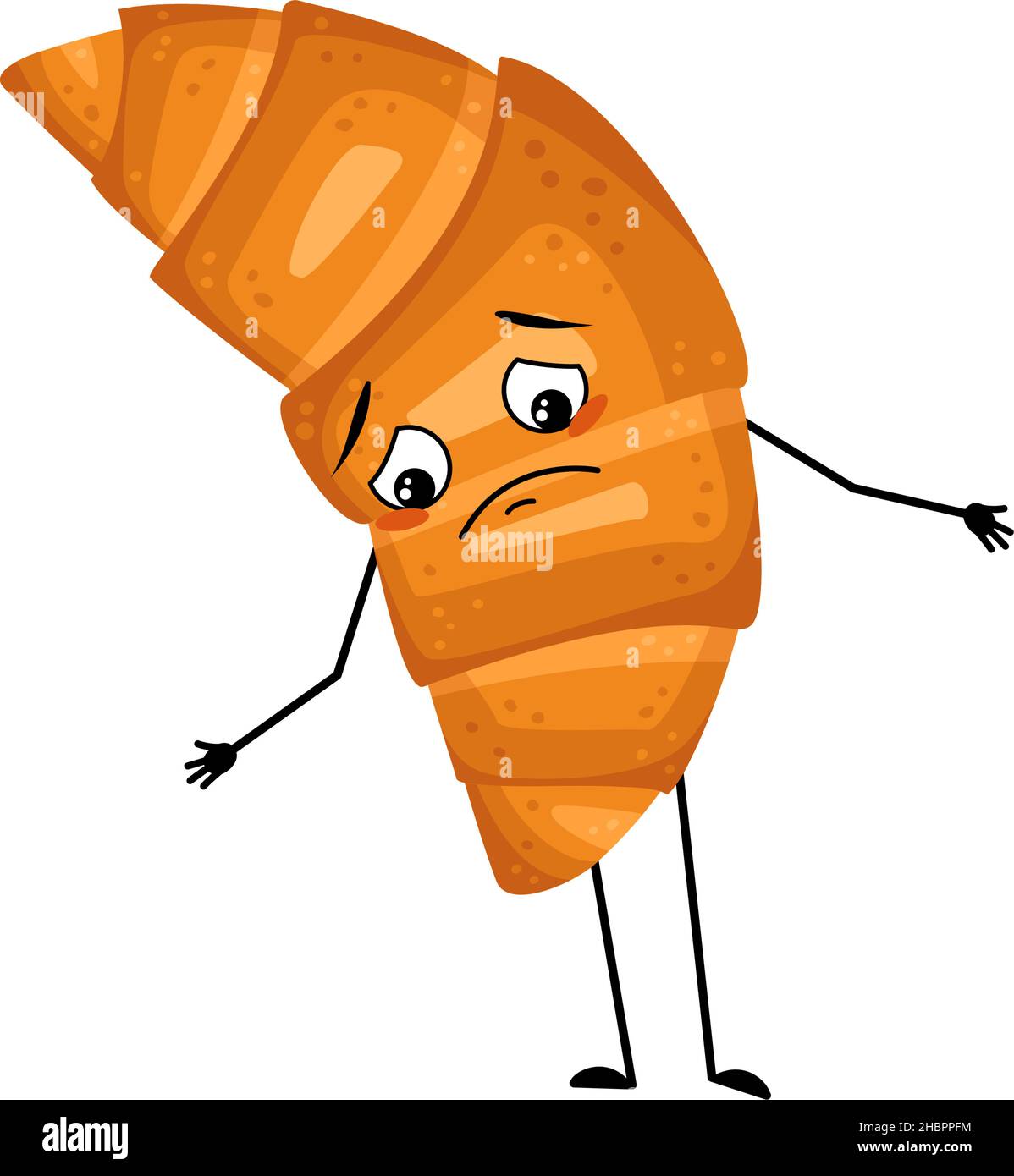 Mignon croissant caractère avec des émotions tristes, le visage déprimé, les yeux bas, les bras et les jambes.Personne de pâtisserie joyeuse, un petit pain à l'expression mélancolique.Illustration vectorielle plate Illustration de Vecteur