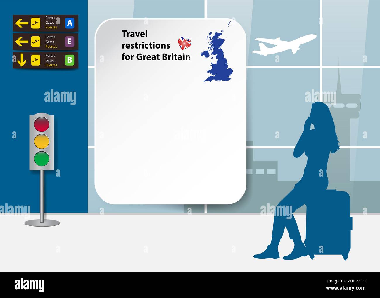 Modèle de restrictions de voyage pour la Grande-Bretagne.La silhouette d'un touriste est à la recherche d'un panneau vierge à l'aéroport.Prêt pour votre texte. Illustration de Vecteur