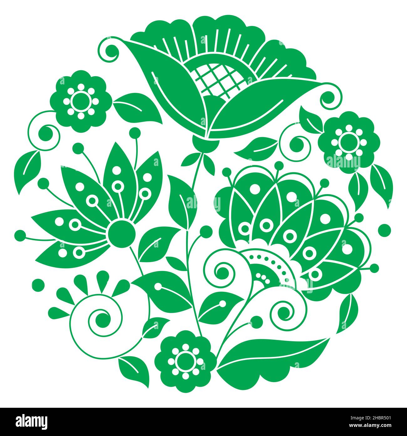 Motif mandala vectoriel d'art populaire suédois avec fleurs vertes, feuilles et tourbillons inspirés de la broderie traditionnelle scandinave Illustration de Vecteur