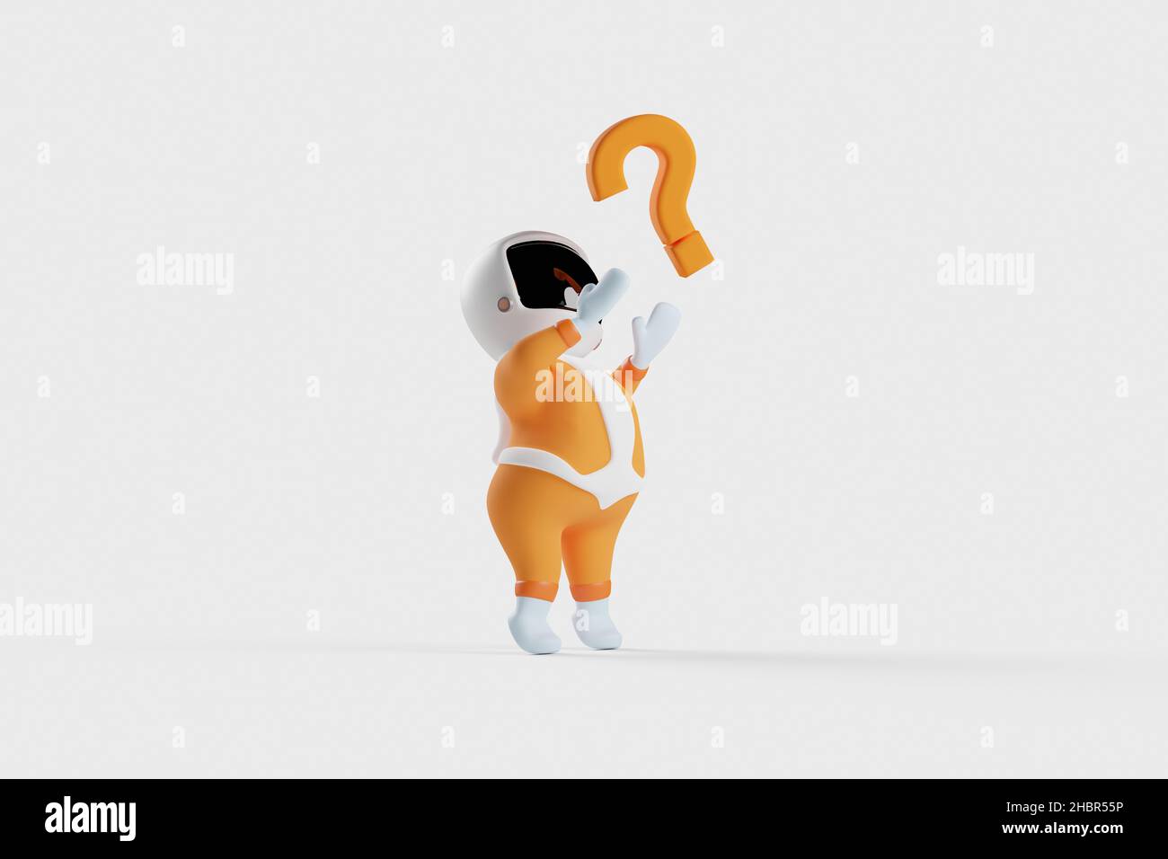 Un petit garçon de l'espace de dessin animé attrape un point d'interrogation.Concept de Quiz, centre d'assistance, FAQ et informations.3D rendu. Banque D'Images