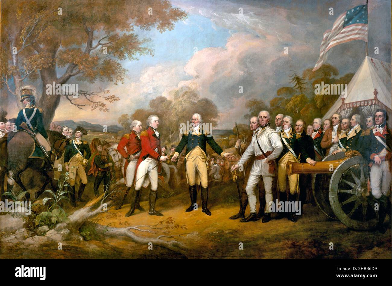 Trumbull (John Trumbull (6 juin 1756 – 10 novembre 1843)) série II – remise de Burgoyne [la remise du général Burgoyne est une peinture à l'huile de John Trumbull.La peinture a été achevée en 1821 et est suspendue dans la rotonde du Capitole des États-Unis à Washington, D. C. la peinture représente la reddition du lieutenant-général britannique John Burgoyne à Saratoga, New York, le 17 octobre 1777, dix jours après la deuxième bataille de Saratoga.La représentation comprend de nombreux dirigeants de l'armée continentale américaine et des forces de la milice qui ont participé à la bataille ainsi que le commandement hessois Banque D'Images