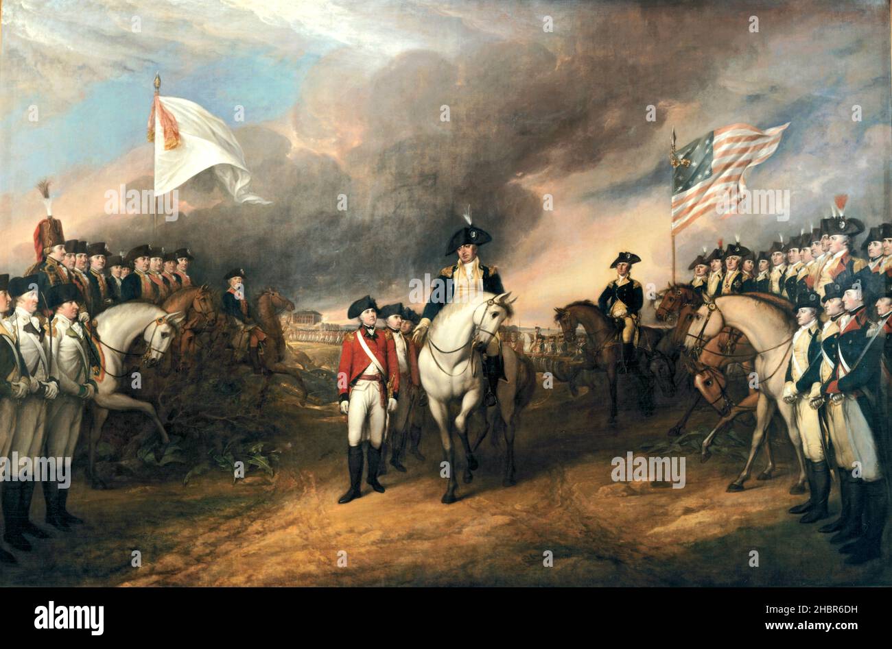 Trumbull (John Trumbull (6 juin 1756 – 10 novembre 1843)) série III – reddition de Cornwallis [la reddition de Lord Cornwallis est une peinture à l'huile de John Trumbull.La peinture a été achevée en 1820, et est suspendue dans la rotonde du Capitole des États-Unis à Washington, D.C., le tableau décrit la reddition du lieutenant général britannique Charles, Earl Cornwallis à Yorktown, en Virginie, le 19 octobre 1781, mettant fin au siège de Yorktown, et garantissant virtuellement l'indépendance américaine.La représentation comprend de nombreux chefs des troupes américaines qui ont participé au siège]. Banque D'Images