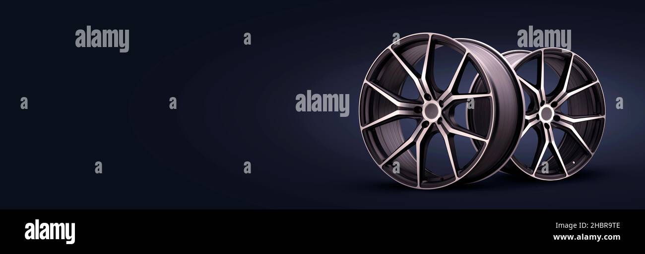 nouvelles roues en alliage forgé sur fond bleu noir. roues sport fraîches avec rayons fins, réglage automatique du poids léger, atelier de pneus ou sport automobile Banque D'Images