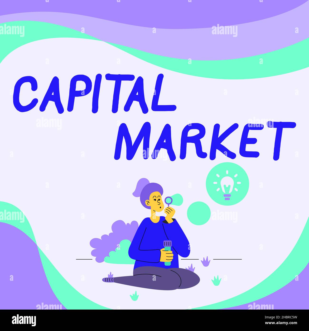 Légende conceptuelle Capital Market.Mot pour les lieux où les économies et les investissements sont canalisés Lady assis à Park Blowing Balloons penser à Banque D'Images
