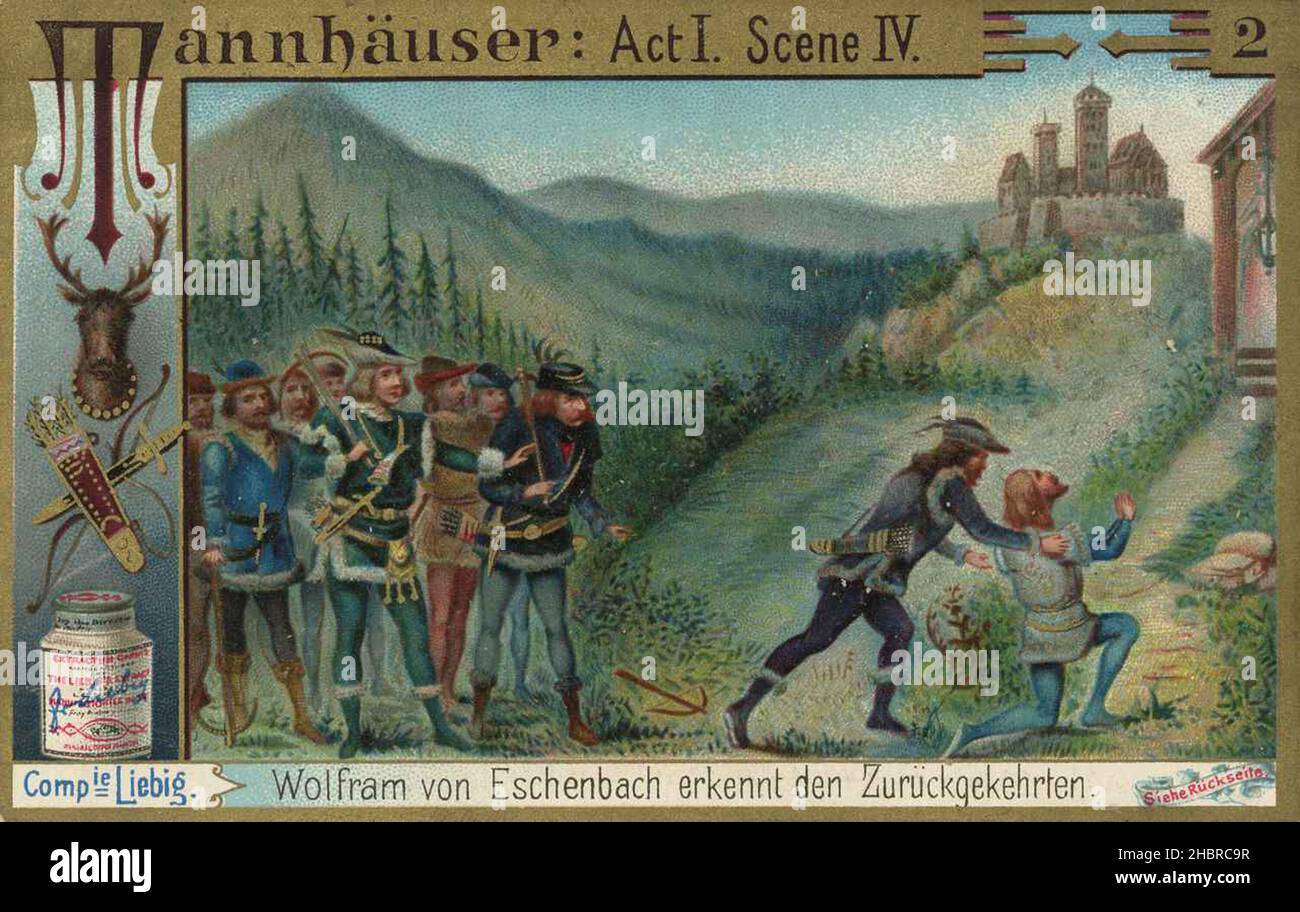 Serie Oper Tannhäuser, Wolfram von Eschenbach erkennt den Zurückgekehrten / série Opera Tannhäuser, Wolfram von Eschenbach reconnaît le retour, Liebigbild, reproduction numérique améliorée d'une image collectable de la société Liebig, estimée à partir de 1900, pd / digital restaurierte Reprodukegekines, Satum, 1900 Banque D'Images
