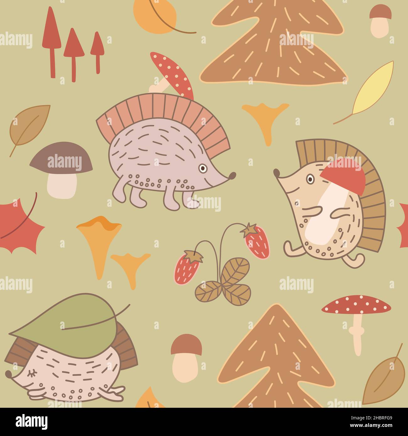 Motif sans couture dessiné à la main avec des hérissons, des feuilles, des fermes et des champignons. Illustration de Vecteur