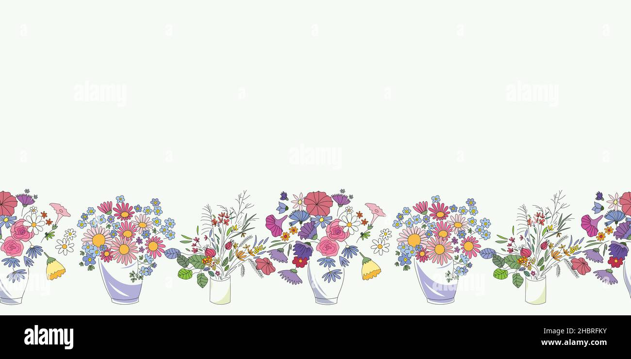 Bouquet de fleurs bordure vectorielle sans couture.Vases à motif horizontal répété avec différentes fleurs. Illustration de Vecteur