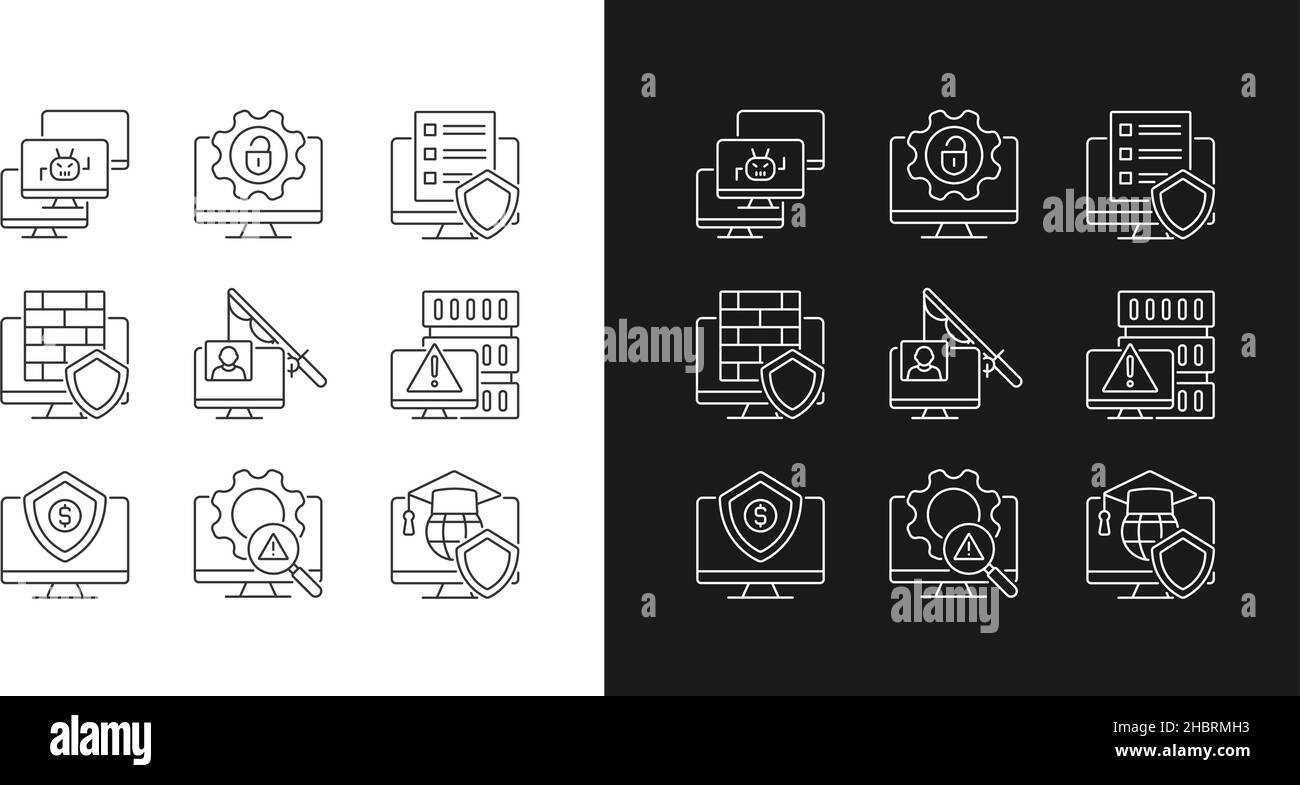 La cybercriminalité et ses icônes linéaires de prévention sont définies pour le mode sombre et clair Illustration de Vecteur