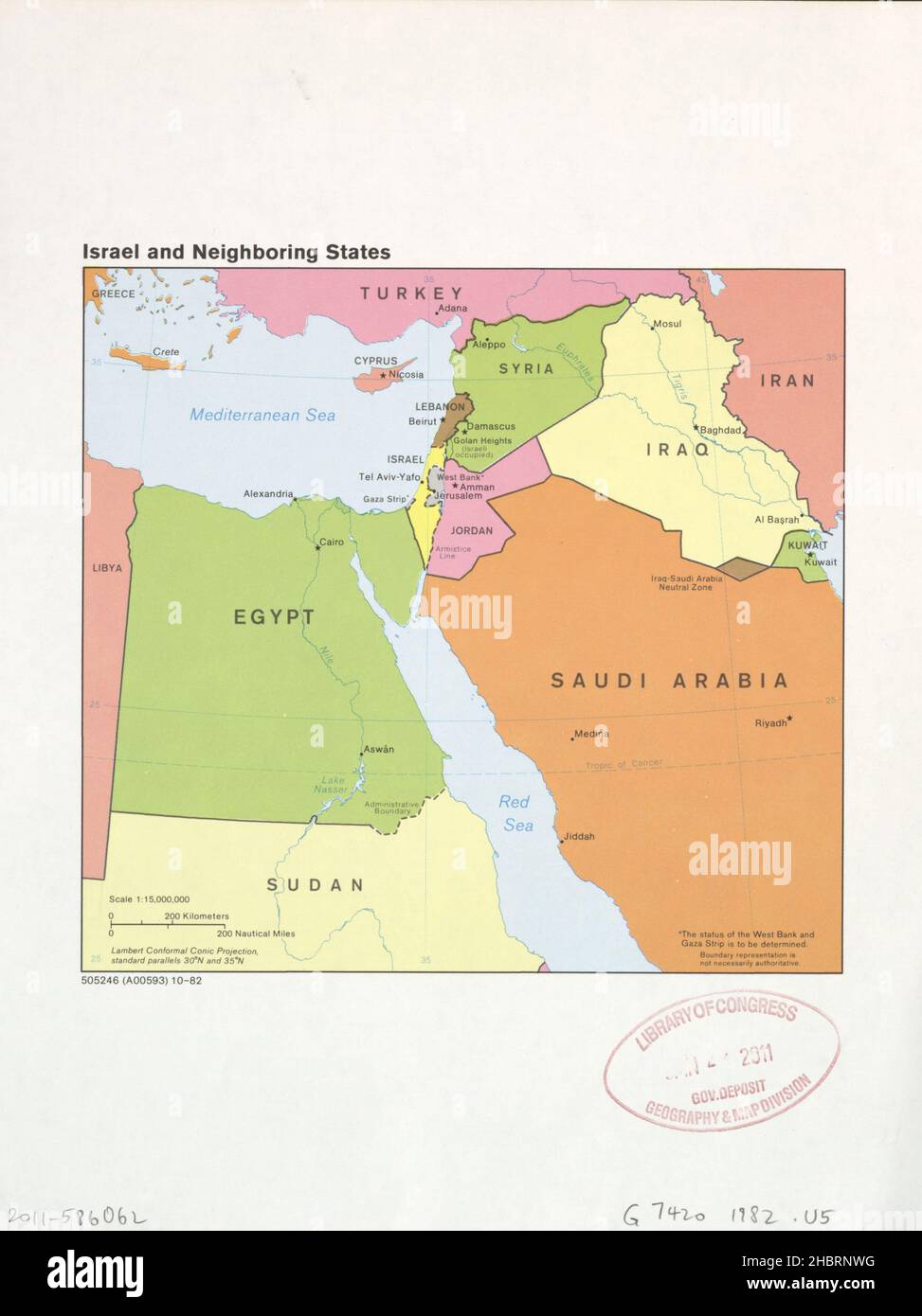 Carte d'Israël et des États voisins ca.1982 Banque D'Images