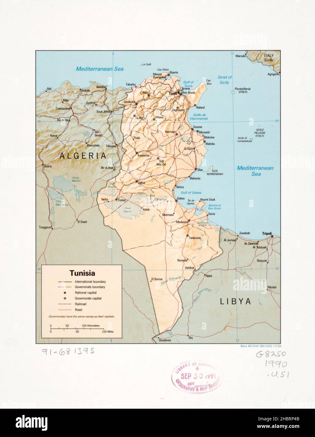 Carte de Tunisie ca.1990 Banque D'Images