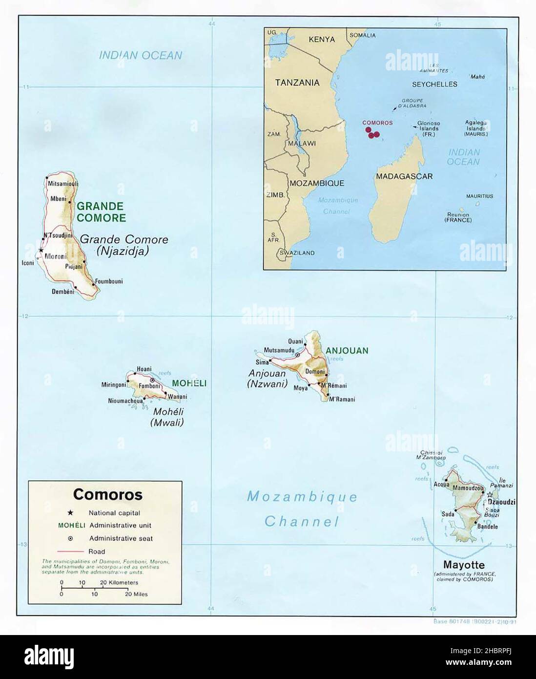 1991 carte des Comores Banque D'Images