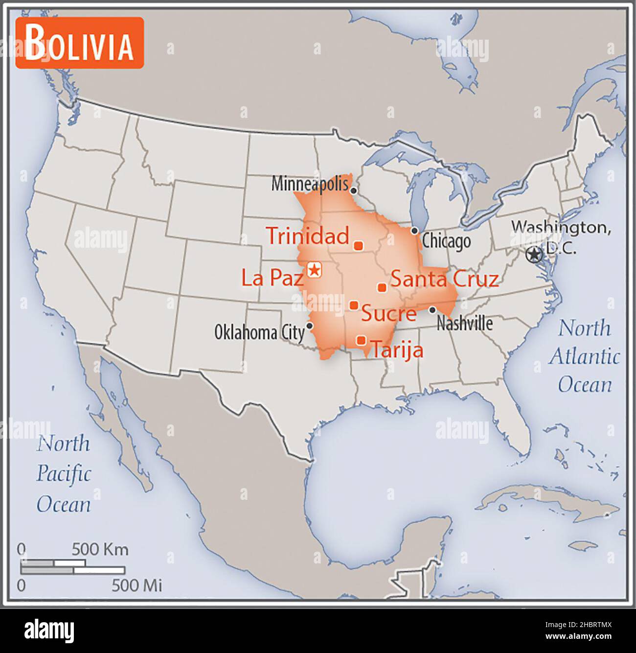 Carte de Bolivie.Comparaison des zones de deux pays.La zone de la Bolivie avec les plus grandes villes (rouge) superposent la zone des États-Unis d'Amérique (fond gris) ca.17 février 2014 Banque D'Images