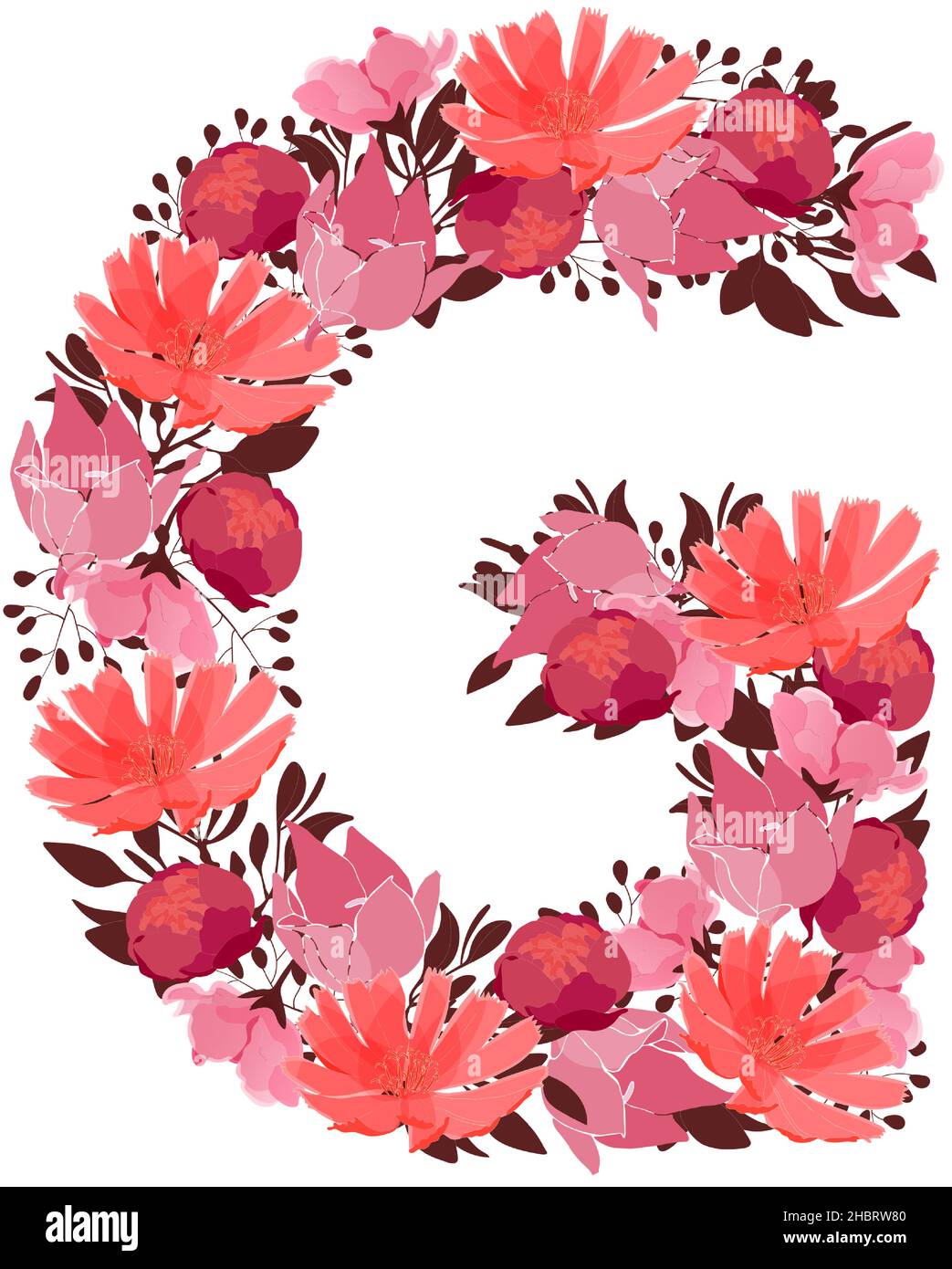 Lettrage floral vectoriel, caractère G. monogramme botanique.Fleurs roses, bordeaux, corail. Illustration de Vecteur