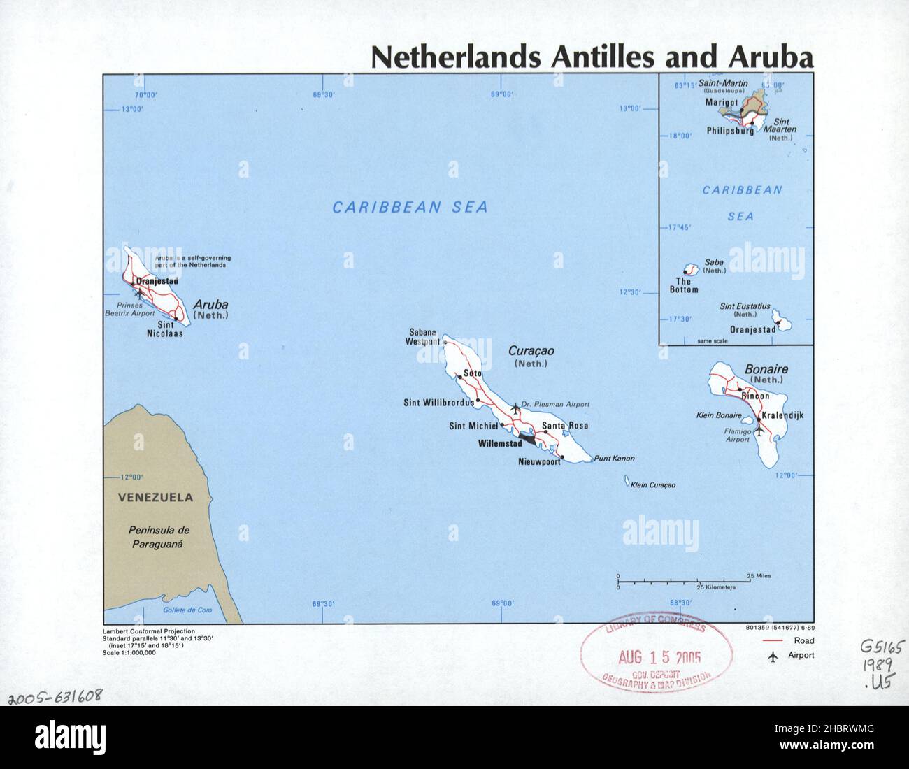 Carte des Antilles néerlandaises et d'Aruba ca.1989 Banque D'Images