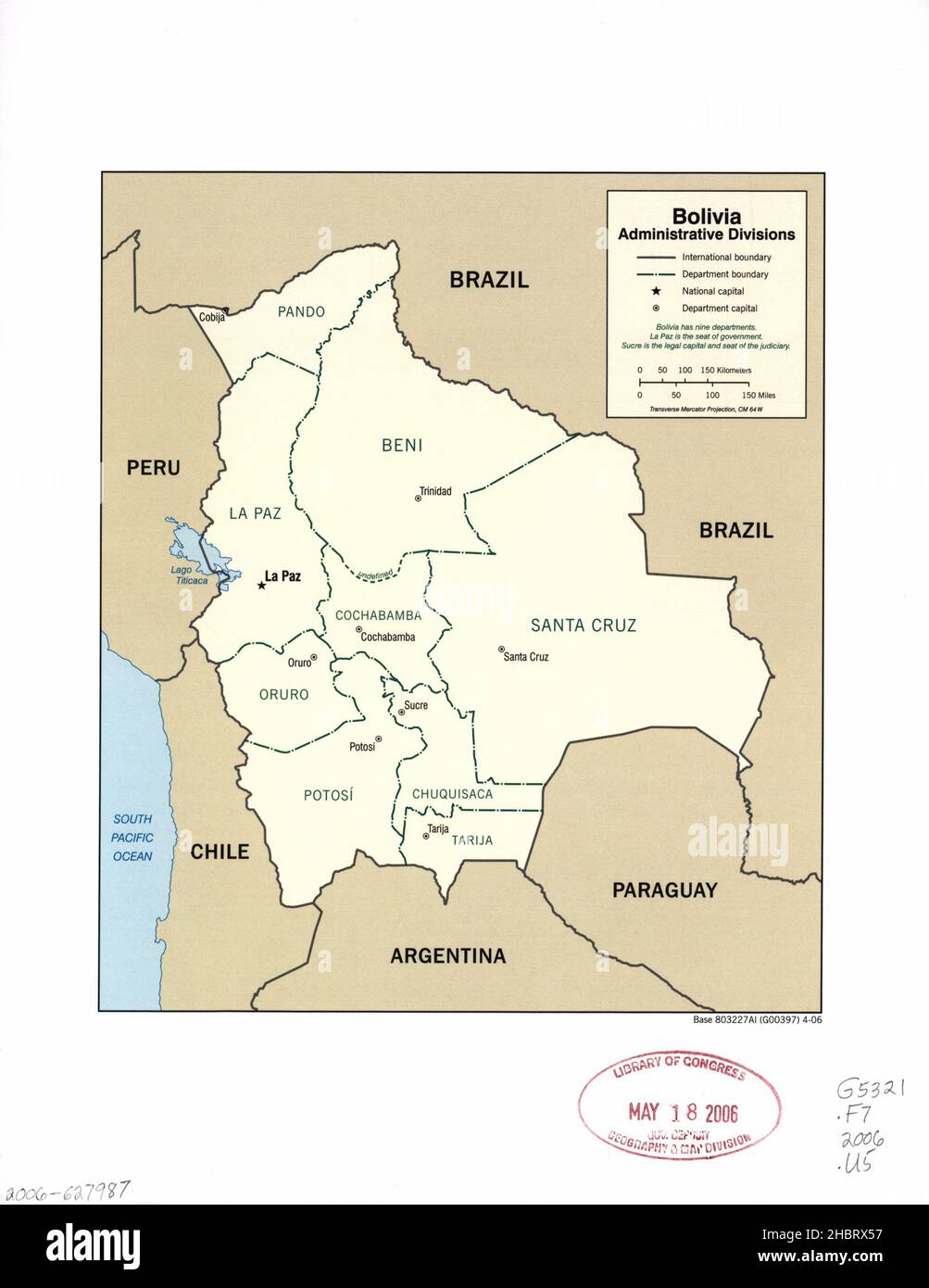 Carte des divisions administratives de la Bolivie ca.2006 Banque D'Images
