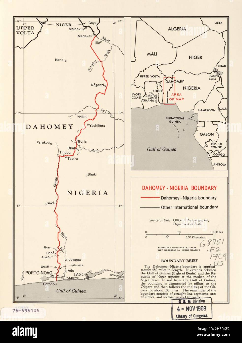 Carte de la frontière de Dahomey-Nigeria ca.1969 Banque D'Images