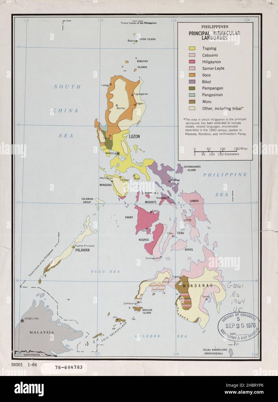 Philippines, carte des principales langues vernaculaires ca.1964 Banque D'Images