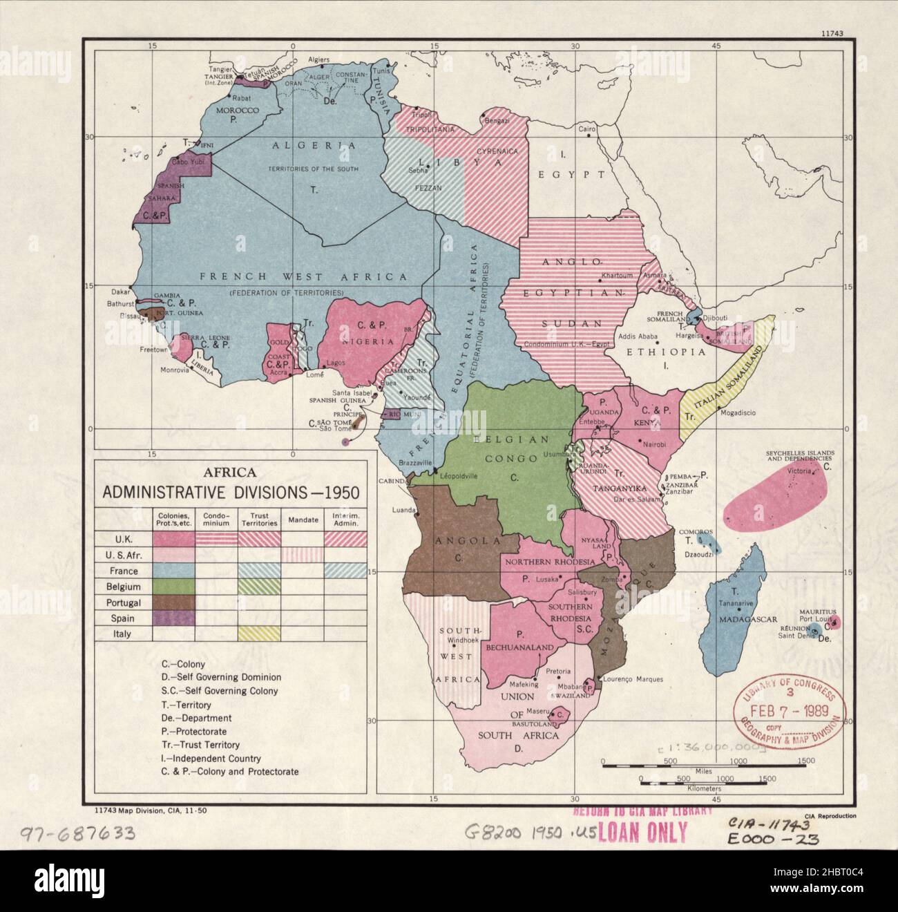 Afrique carte des divisions administratives ca.1950 Banque D'Images