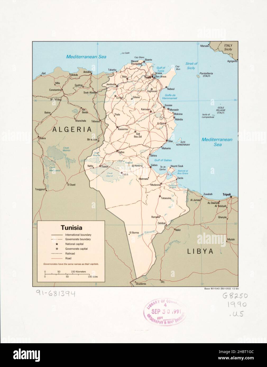Carte de Tunisie ca.1990 Banque D'Images