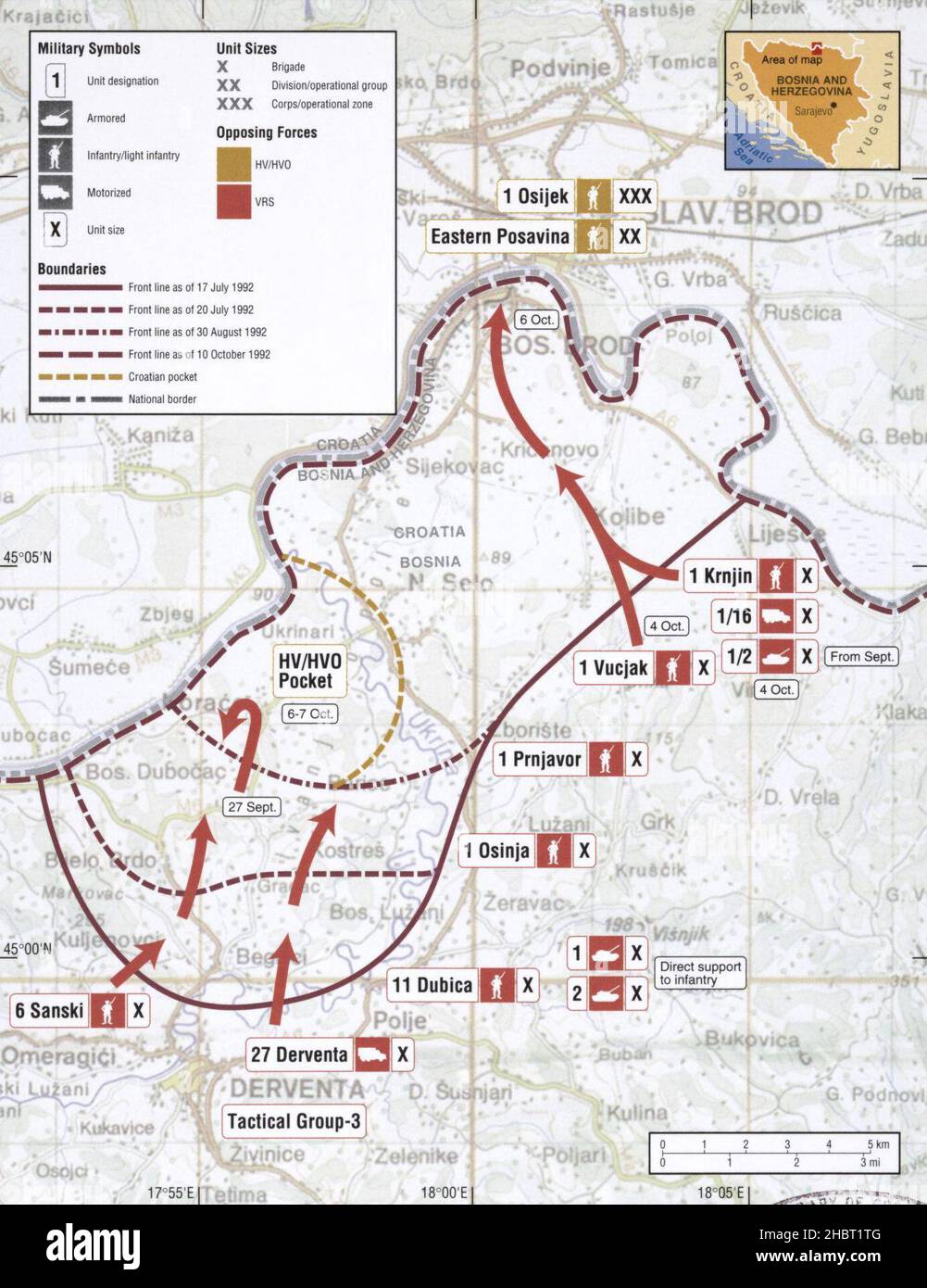 Carte du Brod Bosanski dans le corridor de Podavski (couloir d'opération 92 de l'armée de la Republika Srpska) en juillet-octobre 1992 Banque D'Images