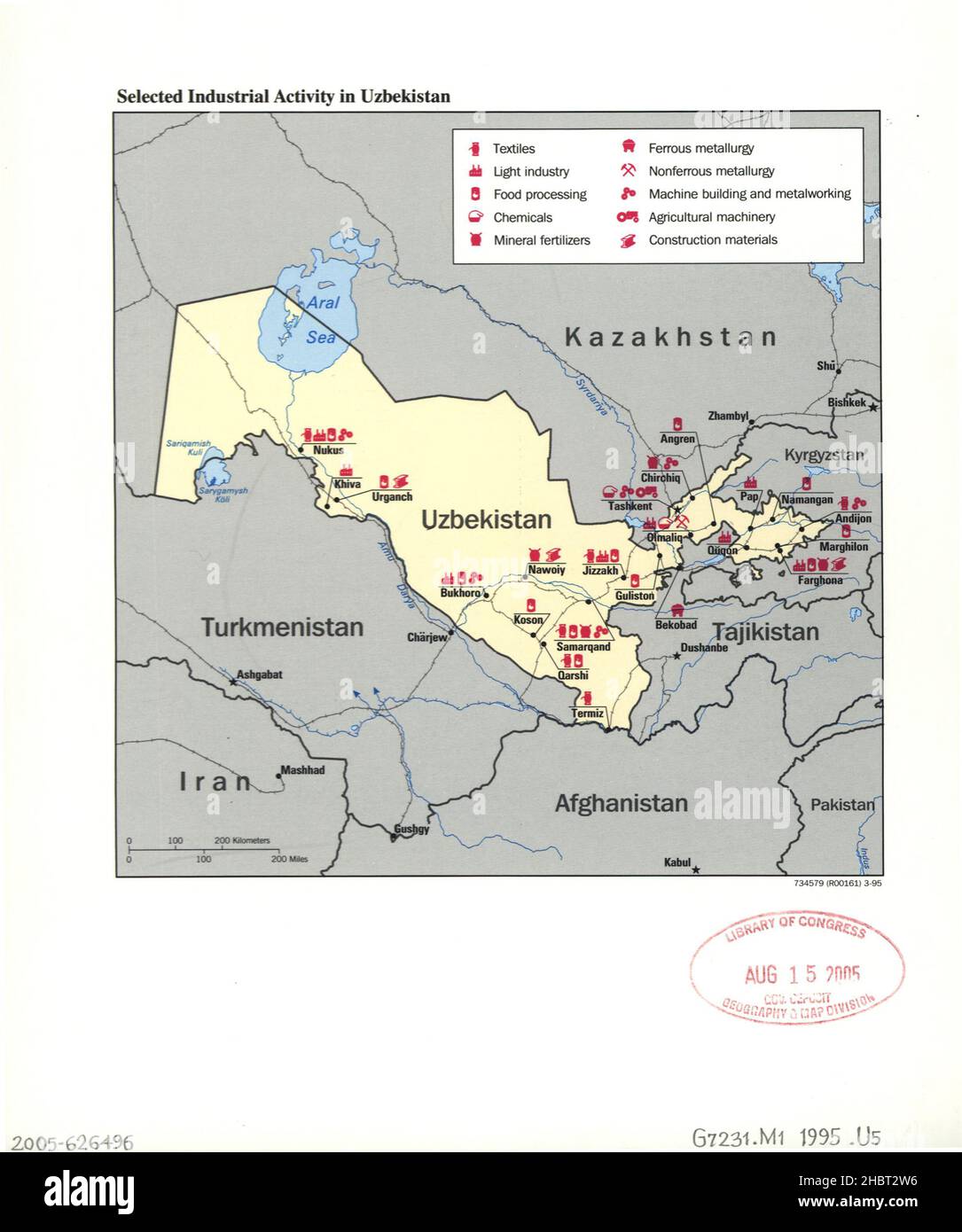 Carte de l'activité industrielle sélectionnée en Ouzbékistan ca.1995 Banque D'Images